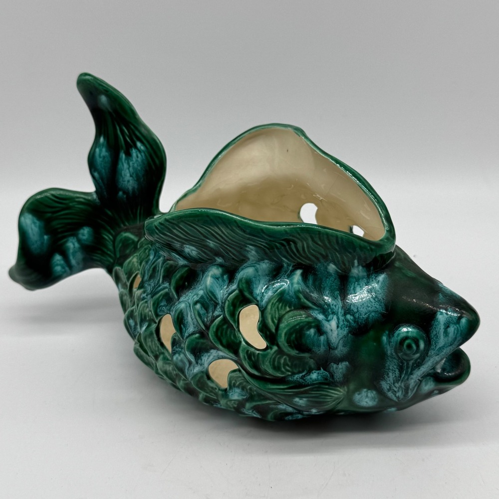 Vintage Mid Century Emerald Drip Glaze Reticulated Koi Fish Planter Pierced